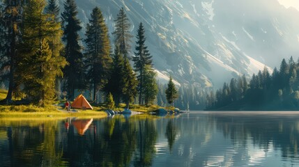 Sticker - A serene lakeside campsite with a backpacker relaxing by the water, with reflections of the surrounding mountains and trees on the calm surface.