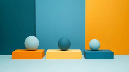 Aufkleber - Dynamic 3D geometric shapes such as cubes spheres and pyramids layered in different perspectives with shadow effects adding depth and futuristic appeal Large space for text in center Stock Photo with