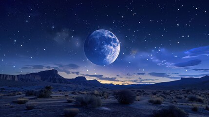 Wall Mural - A serene nighttime desert view showcasing the majestic moon and a blanket of stars stretching across the expansive sky