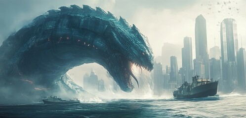 Canvas Print - A Colossal Sea Serpent Threatens a Cityscape