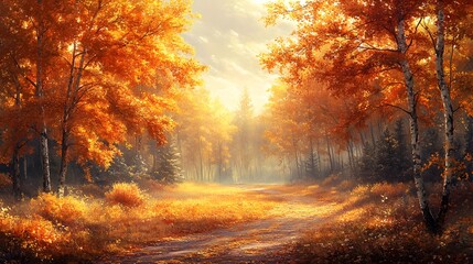  A serene autumn landscape with golden leaves fluttering from trees, a winding path through the forest, and a calm atmosphere filled with warm light.