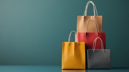 A vibrant display of colorful shopping bags arranged stylishly against a muted background, perfect for retail and fashion themes.