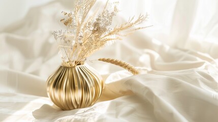 Wall Mural - A golden vase with dried flowers, elegantly placed on a sunlit, softly rumpled white bed.