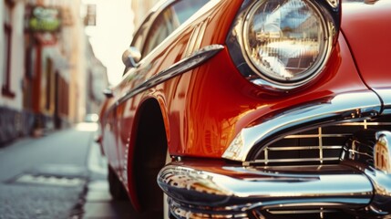 The gleaming close-up of a classic red car's front, showcasing its vintage design and polished chrome details on a sunny street.