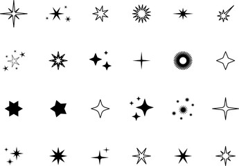 Minimalist silhouette stars icon set, twinkle shining star shape symbols, icons, elements. Modern geometric sparkle black silhouettes sign vector.