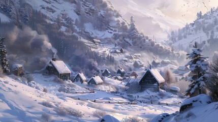 Sticker - A serene snowscape featuring a snow-covered village nestled in a valley, with smoke rising from chimneys and snow-covered hills surrounding the peaceful scene