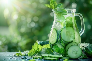 Refreshing cucumber mint water served in a glass pitcher, surrounded by fresh mint leaves and sliced cucumbers, perfect for summer.