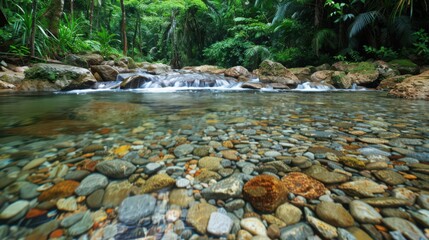 Poster - A serene stream flowing through a lush forest, with crystal-clear water gently cascading over smooth rocks and pebbles