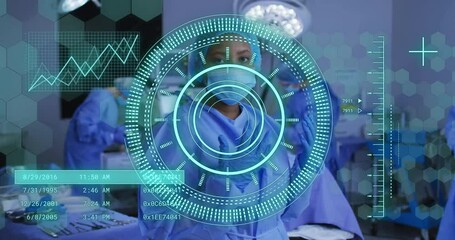 Poster - Animation of scope scanning and data processing over african american surgeon in operating theatre