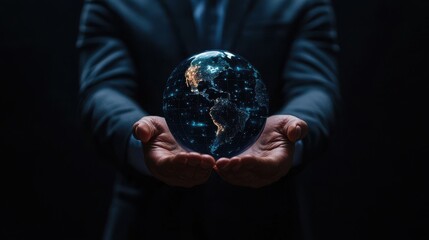 Wall Mural - A businessman holds a global network and connectivity, with a data transfer concept represented by an earth hologram in his hand against a dark background.