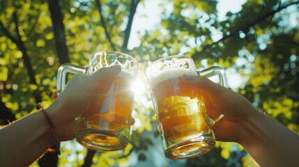 Two hands holding up frothy beers in glass mugs clinking together in celebration amidst a lush, sunlit outdoor setting.