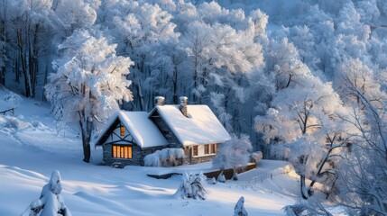 Poster - A serene winter wonderland featuring a classic snow-covered cottage, its windows glowing warmly,