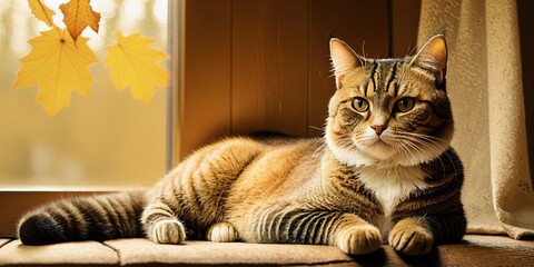 Naklejka na meble Generative AI, Autumn Sunlight with Relaxed Cat on the Carpet