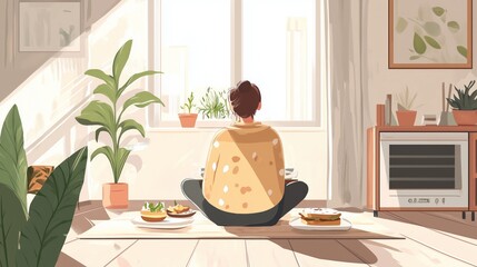 Poster - A cozy morning indoors, a person enjoys breakfast while admiring houseplants by the window, surrounded by warm natural light