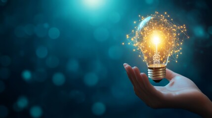 A close-up of a hand holding an abstract glowing circuit light bulb against a blue background, symbolizing future innovations and creative solutions.