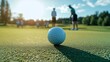 © CinimaticWorks - close up of a golf ball on a putting green near the hole with blurred players for sports and leisure concepts at a luxury golf club