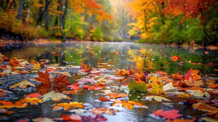 Sticker - A stream cutting through a vibrant autumn landscape, with colorful leaves floating on the surface and the surrounding trees displaying their fall colors.