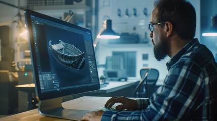 A designer intensely working on a detailed 3D model on his computer, showcasing dedication and creativity.