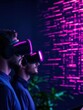 © Mind - Two individuals immersed in a virtual reality experience, surrounded by vibrant neon colors and digital patterns.
