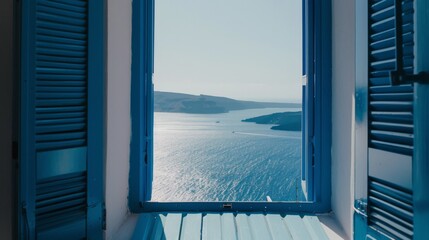 a picturesque view through an open blue window frame, revealing a serene ocean and distant land unde