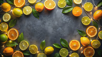 Wall Mural - Aerial view of illuminated citrus fruits (orange, lemon, lime), overhead, colorful, vibrant, fresh, juicy, ripe