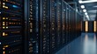 © Yusif - Rows of blade server systems in a data center, highlighting high-performance computing infrastructure and advanced networking.