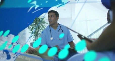 Sticker - Animation of data processing and world map over diverse doctors talking