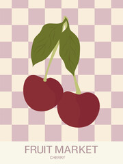 Wall Mural - Cherry fruit market abstract poster - retro groovy  cherries on checkered background. Aesthetic contemporary wall print.