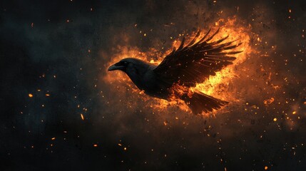 Embers ignite from a fiery crow's wings, casting light against a moody dark background.