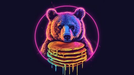 Wall Mural - logo neon watercolor cartoon of a grizzly bears head attacking pancakes