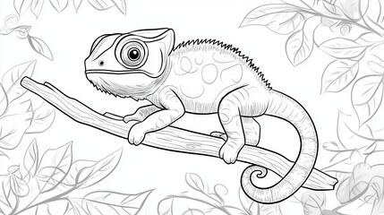 A silly chameleon lizard is sitting on a branch in the jungle. He's perfect for kids to color! This cute reptile has a curled tail and is all alone, ready to be brought to life with colors.