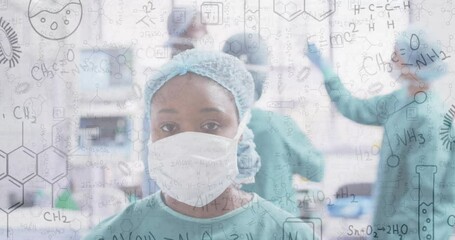 Wall Mural - Animation of chemical equations over diverse surgeons in operating room