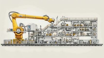 Poster - cross-section of an industrial robot with a conveyor system, showing how it integrates with manufact