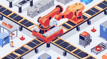 Poster - cross-section of an industrial robot with a conveyor system, showing how it integrates with manufact