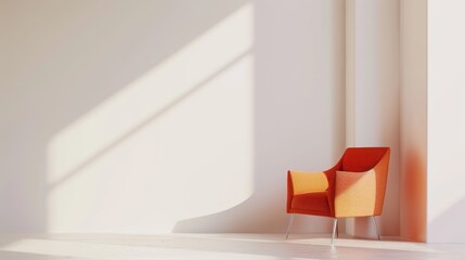 Wall Mural - A single orange armchair bathed in sunlight, placed in a minimalist room with clean lines and a serene atmosphere.