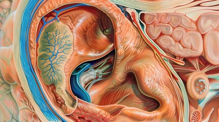 Poster - cross-section of the human ear, showing the outer, middle, and inner ear structures and their role i