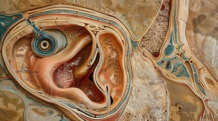 Poster - cross-section of the human ear, showing the outer, middle, and inner ear structures and their role i