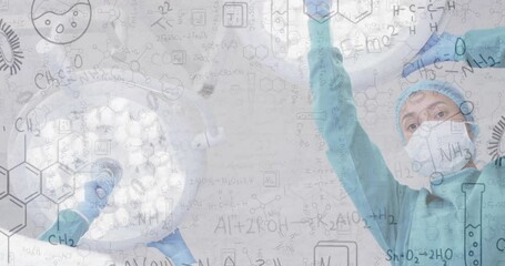 Poster - Animation of chemical equations over diverse surgeons preparing lamps in operating room