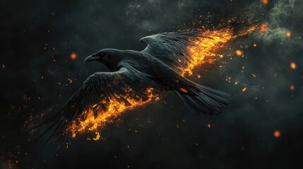 Fiery crow with glowing orange embers in its wings flying through a smoky, dark environment.