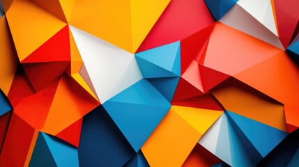 Poster - A vibrant abstract geometric background featuring overlapping triangles in bold colors and sharp angles, creating a dynamic visual effect.