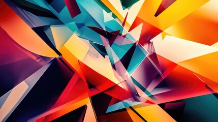 Poster - A vibrant abstract geometric background featuring overlapping triangles in bold colors and sharp angles, creating a dynamic visual effect.