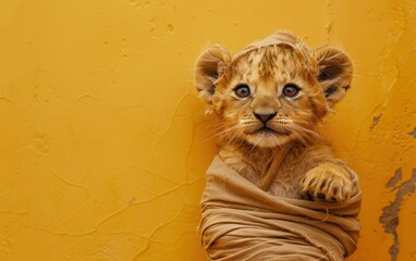 Wall Mural - Cute Lion Cub Wrapped in a Blanket