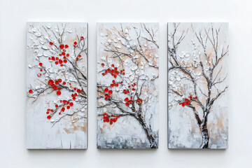 Oil paintings artwork, floral winter scenics triptych, blooming branch