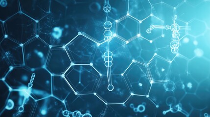 Poster - Abstract background of hexagon grids with overlaid graphics of genetic research and molecular structures