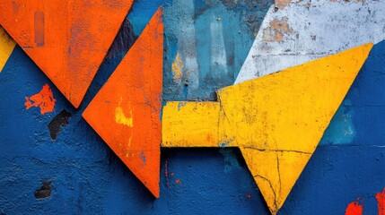 Poster - Abstract composition with a blue background and bold, angular orange and yellow shapes creating a striking contrast