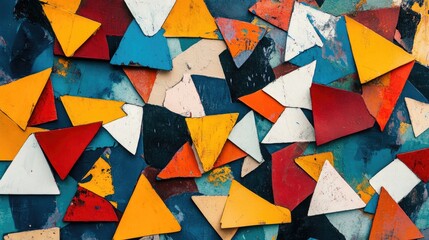 Poster - An abstract design with fragmented triangles in bright colors, scattered randomly across the canvas.