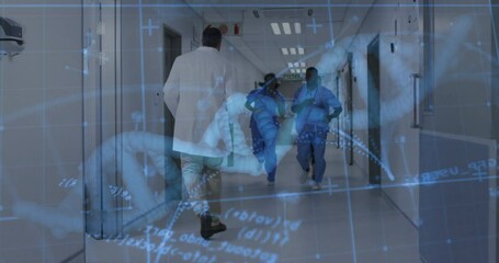 Wall Mural - Animation of data processing and dna strand over diverse surgeons running in hospital