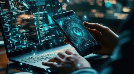 Poster - Cybersecurity is strengthened as a user manages a mobile phone and laptop equipped with data protection and encryption technologies