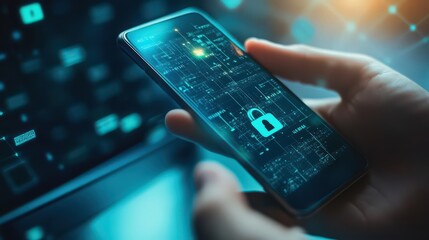 Poster - Cybersecurity measures are enhanced as a user utilizes a mobile phone and laptop with top-tier data protection and encryption features.