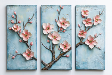 Oil paintings artwork, floral spring scenics triptych, blooming sakura branch